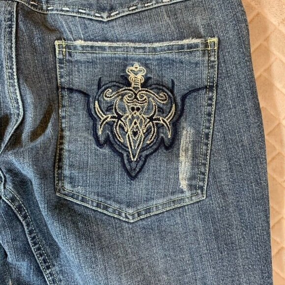Leo Roma Women 9 Denim Jeans Blue Flare Low Rise Western Y2K Embroidered Pockets - Picture 11 of 12